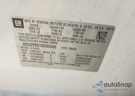 2016 GMC Sierra 1500 Denali z USA, uszkodzony, nr VIN 3GTU2PEC7GG362680